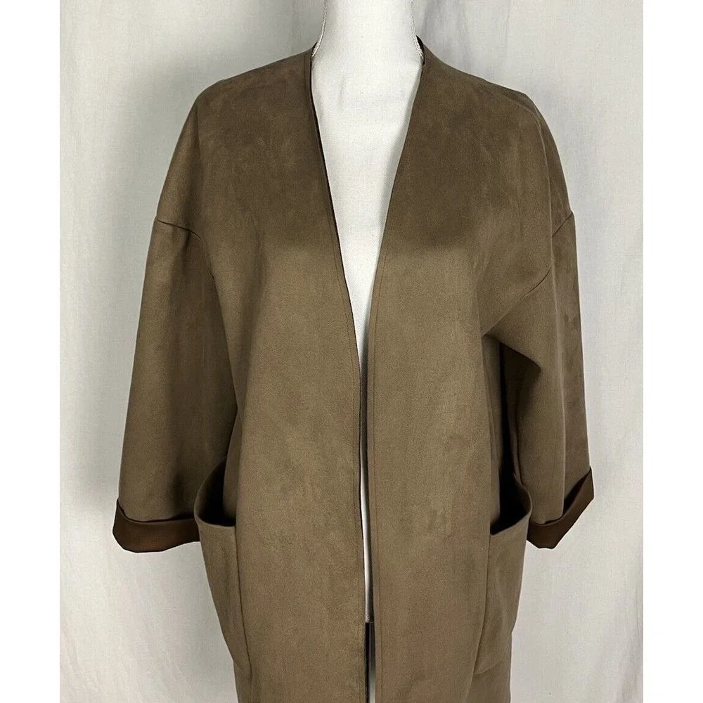 Zara Basic Faux‎ Suede Coat Size XS Long Sleeve Tan Open Front Oversized Jacket